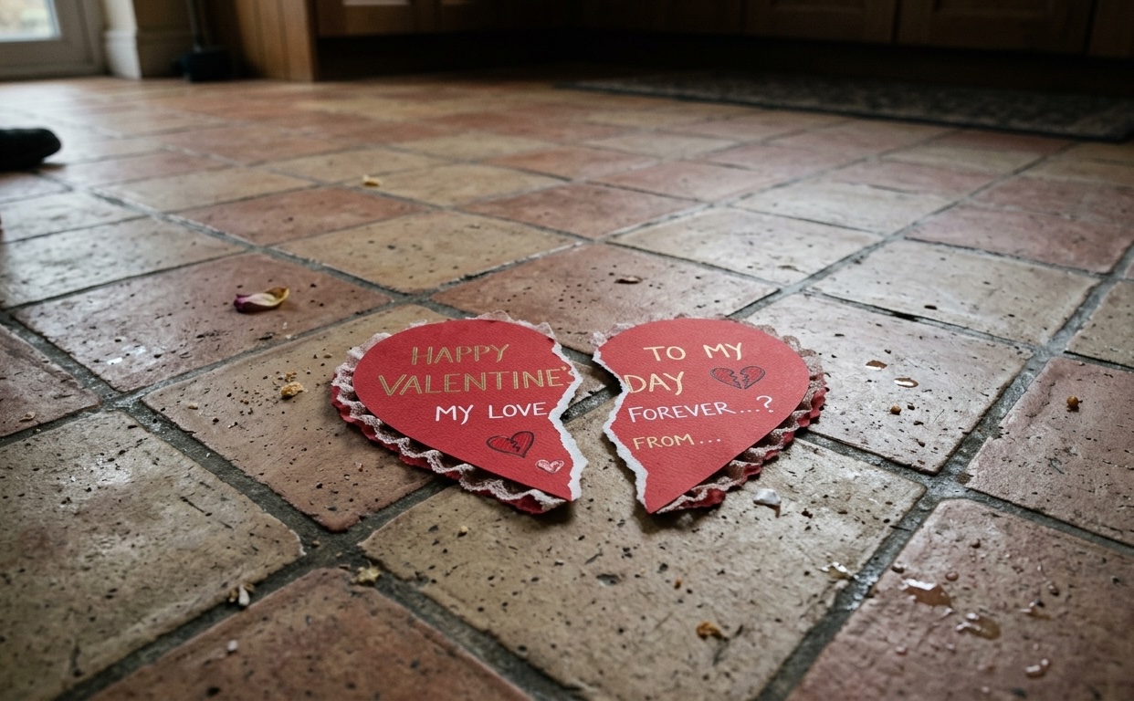 A leftover valentines day card from the last attempt to stay together, representing the tearing apart of not just one heart, but a home.