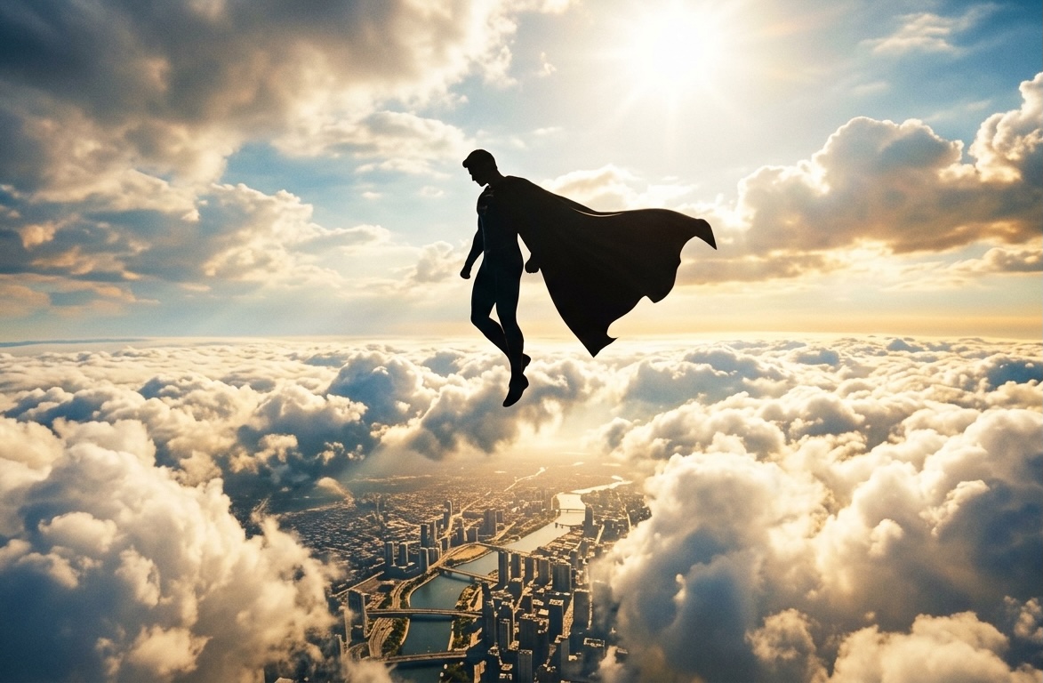 A selfless hero looks down upon the world, carrying a burden too big even for his power.